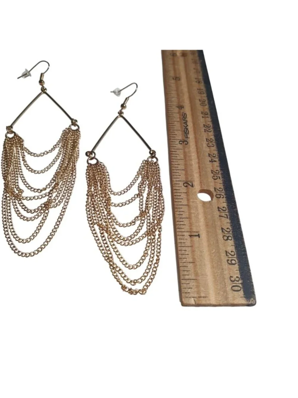 Gold Tone Multi Layered Chain Earrings Dangle Chandelier Style 4.5 In Retro Deco